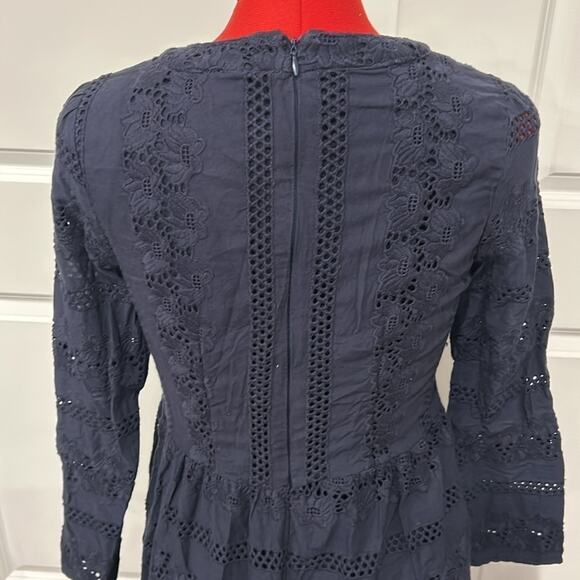 Roolee Navy Blue Long Sleeve Cotton Eyelet Fit Flare Modest Dress Size Medium - Picture 6 of 8